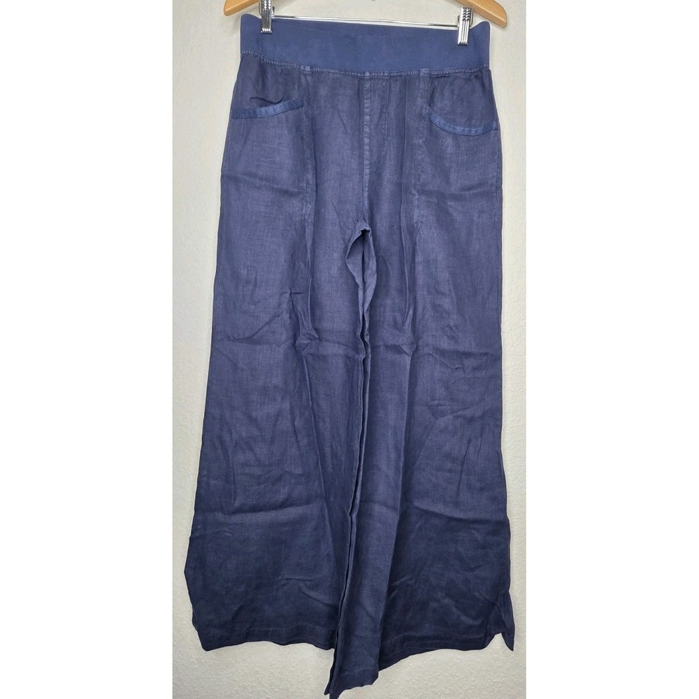 XCVI Linen Navy Wide Leg Pull On Pant Women Mx30 Trouser Career Office Lounge